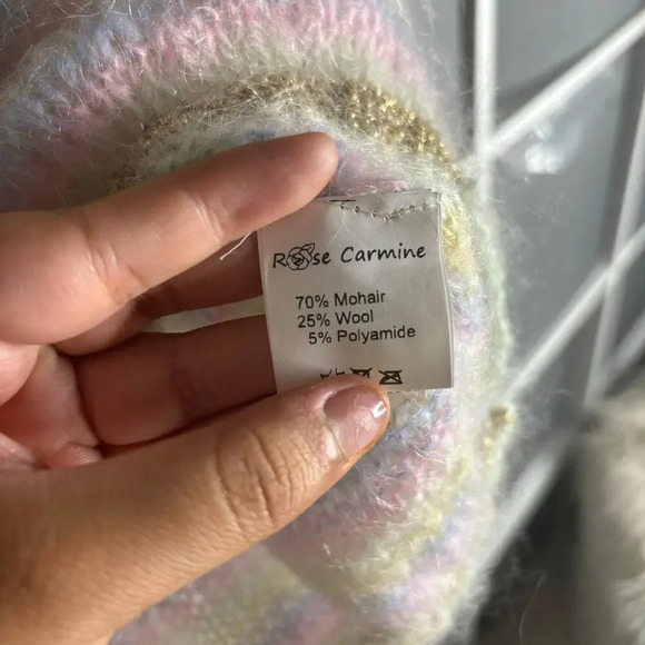 Rose Carmine Striped Mohair Blend Pullover Crew Neck Sweater Pastel Size S / M - Picture 4 of 4